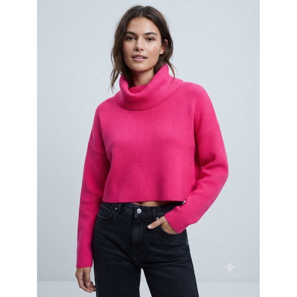 Lumiere Hot Pink Cowl Neck Pull Over Cropped Ribbed Knit Boxy Sweater Small NWT